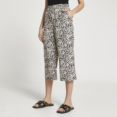 Beige spot print wide leg crop trousers