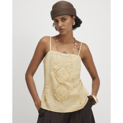 Beige Square Neck Lace Trim Cami Top