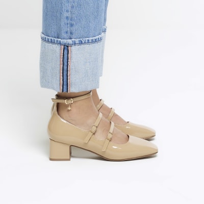 Beige strappy block heeled court shoes | River Island