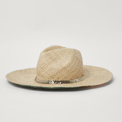 Beige straw palm print sun hat