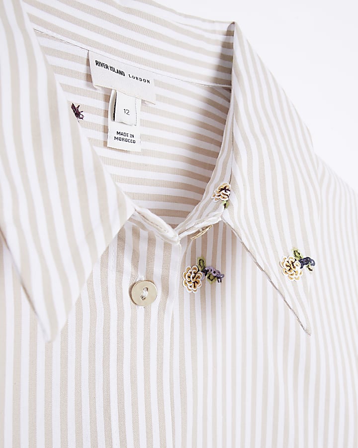 Beige stripe embellished floral shirt