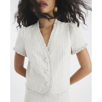 Beige Stripe Frill Linen Blend Tailored Top