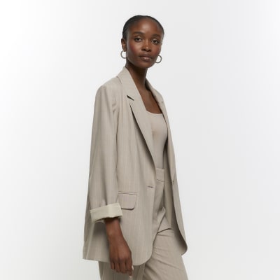 Beige stripe roll sleeve blazer | River Island