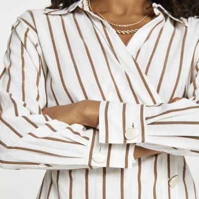 Beige stripe side tuck long sleeve shirt River Island