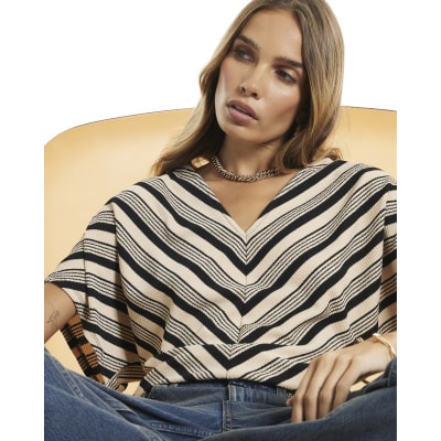Beige Stripe V Neck Batwing Top