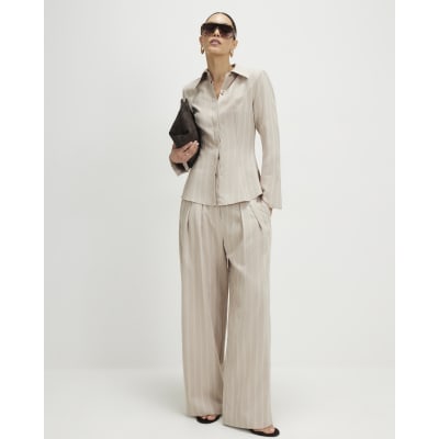 Beige Stripe Wide Leg Trousers