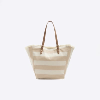 Beige striped beach bag River Island