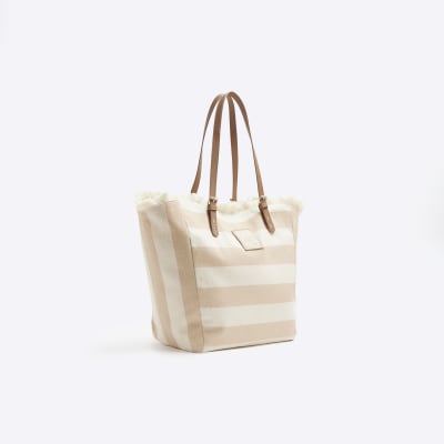 Beige striped beach bag River Island