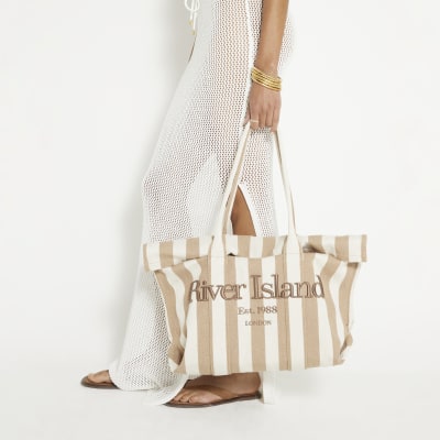 Beige Striped Beach Bag