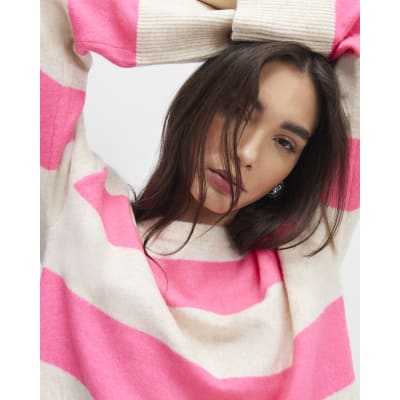 Beige Striped Crew Neck Jumper