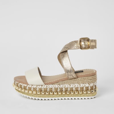 Beige studded flatform wedge wide fit sandals | River Island