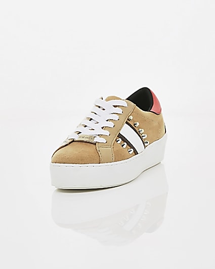360 degree animation of product Beige studded lace-up trainers frame-2