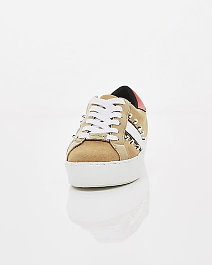 360 degree animation of product Beige studded lace-up trainers frame-3