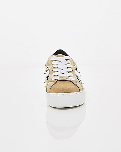 360 degree animation of product Beige studded lace-up trainers frame-4