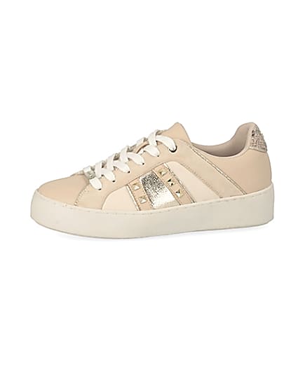 360 degree animation of product Beige studded lace-up trainers frame-2
