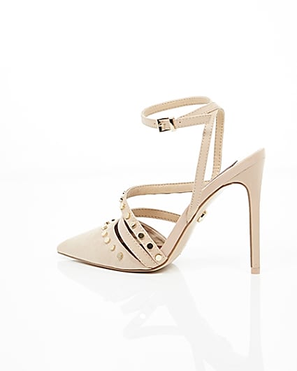 360 degree animation of product Beige studded pointed toe strappy court shoes frame-20