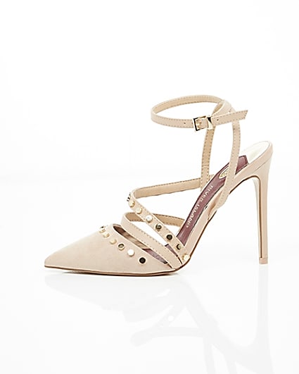 360 degree animation of product Beige studded pointed toe strappy court shoes frame-22
