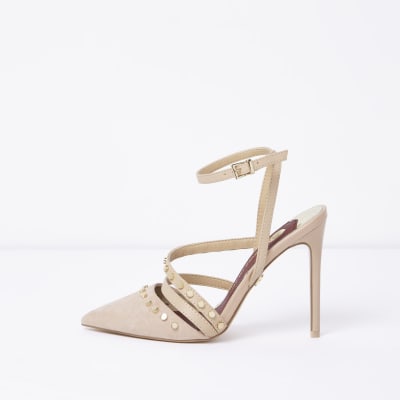 Beige studded pointed toe strappy court shoes