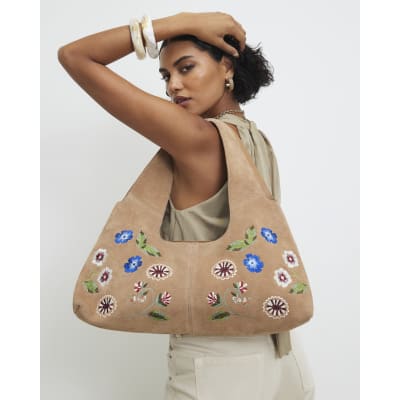 Beige Suede Floral Embroidered Slouch Bag
