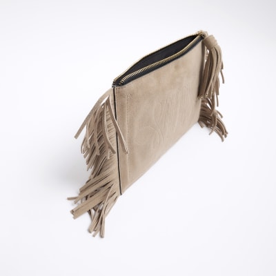 Beige suede fringe pouchette clutch bag River Island