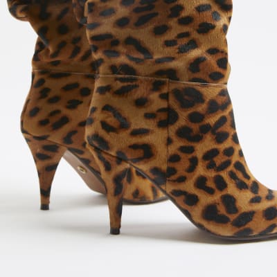 Beige Suede Leopard Slouch High Heeled Boots River Island