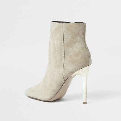 Beige suede skinny heel ankle boots