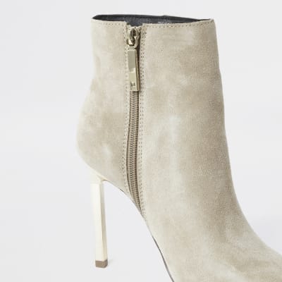 Beige suede skinny heel ankle boots