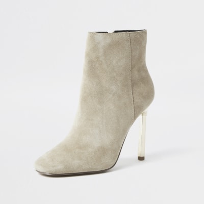 Beige suede skinny heel ankle boots