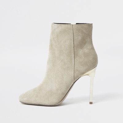 Beige suede skinny heel ankle boots | River Island