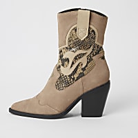Beige suede snake print cut out cowboy boots