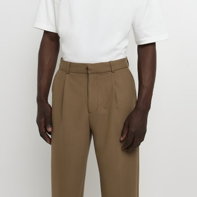Beige Tapered fit Twill Trousers | River Island