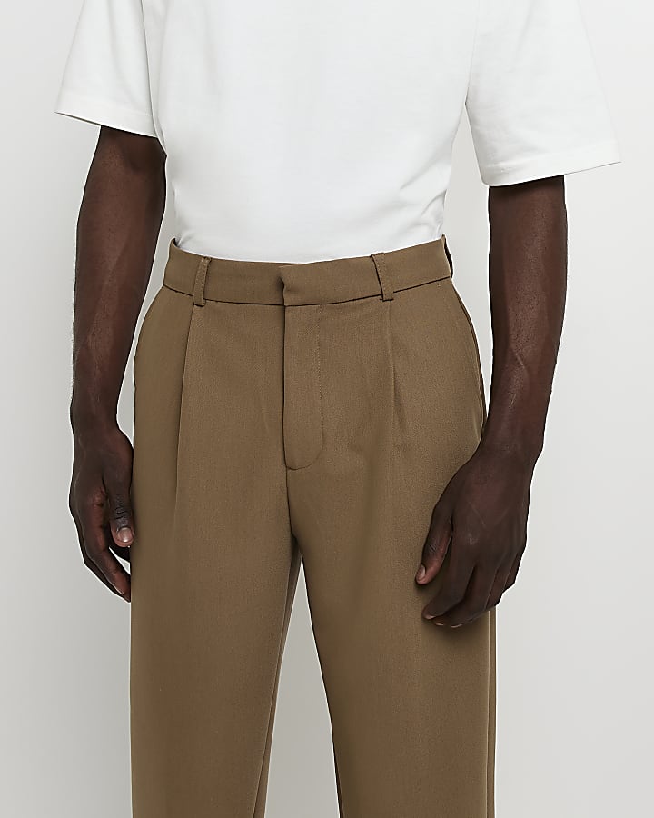 Beige Tapered fit Twill Trousers