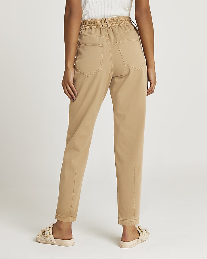 Beige tapered twill trousers