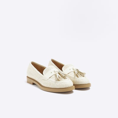 Beige tassel trim loafers River Island