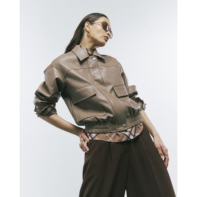 River Island Beige Textured Faux Leather Bomber Jacket