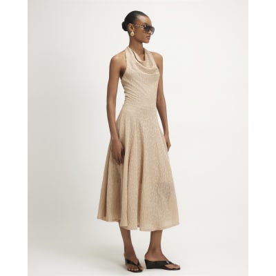 Beige Textured Halter Neck Midi Dress