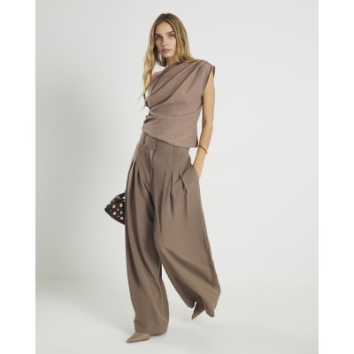 Beige Textured Pleated Off Shoulder Top