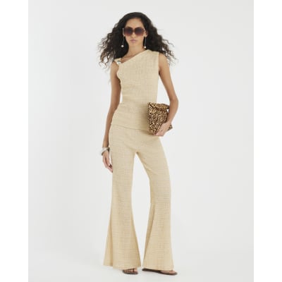 Beige Textured Wide Leg Trousers