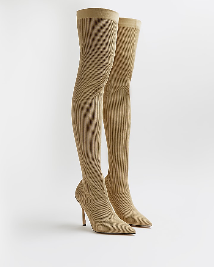 Beige thigh high knitted sock boots
