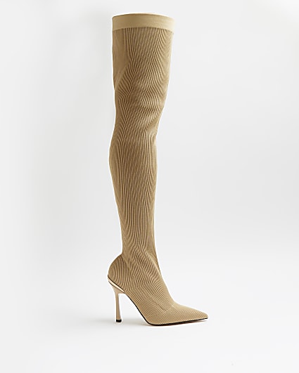 Beige thigh high ribbed sock boots