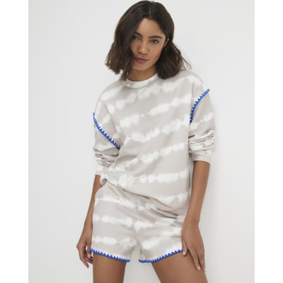 Beige Tie Dye Whipstitch Trim Sweatshirt