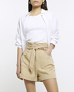 Beige Tie Front High Waisted Shorts