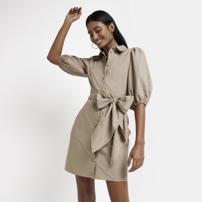 Beige tie waist mini shirt dress