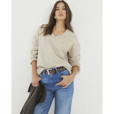 Beige V Neck Jumper