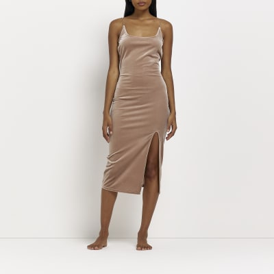 Beige velour bodycon midi dress