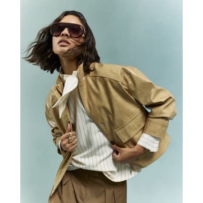 Beige Vinyl Funnel Neck Bomber Jacket