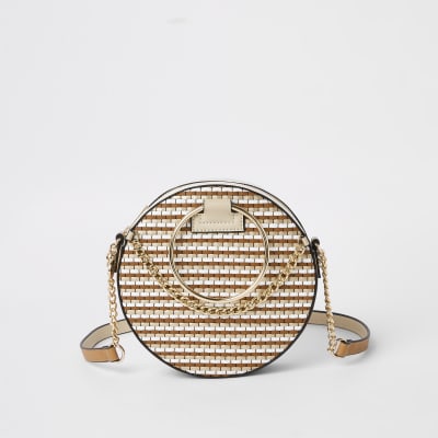 Beige weave circle cross body bag