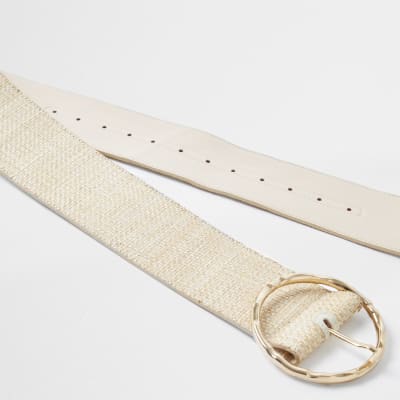 Beige weave circle gold buckle belt