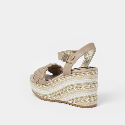 Beige weave faux leather wedge shoes