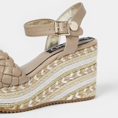 Beige weave faux leather wedge shoes